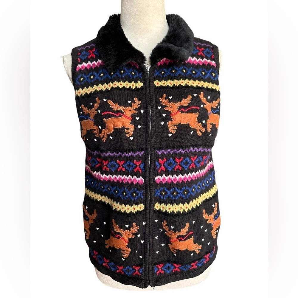 Designers original studio ho ho ho colorful reindeer Christmas holiday ugly vest
